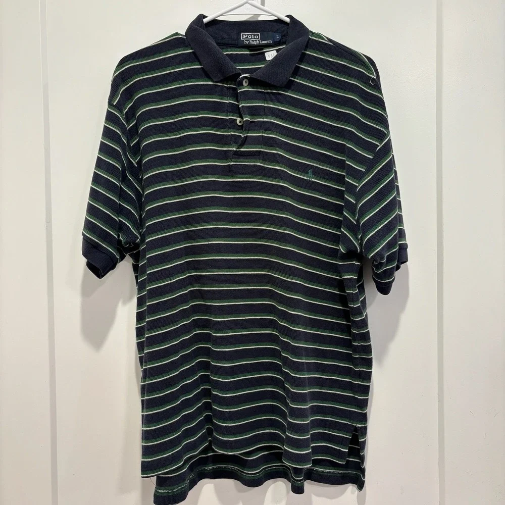 Polo‎ Ralph Lauren Mens Large Navy Blue Green Striped Short Sleeve Polo Shirt